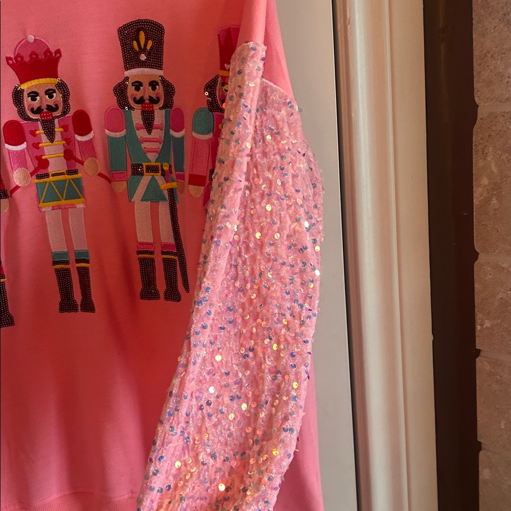 Festive Pink Nutcracker Sweatshirt with Sequin Sleeves NEW - Picture 2 of 3